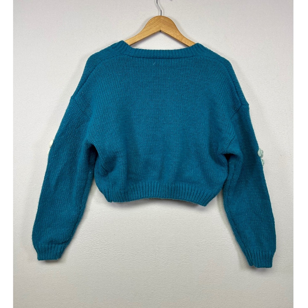 Cottagecore Debut Women XS Teal Blue 3D Floral Crochet Chunky Cropped Cardigan - Picture 2 of 9